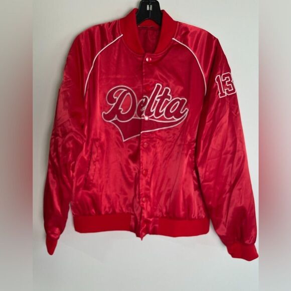The Delta Box Womens M Snap Front Logo Satin Bomber Jacket Red Long Sleeve Nwt - Picture 1 of 6